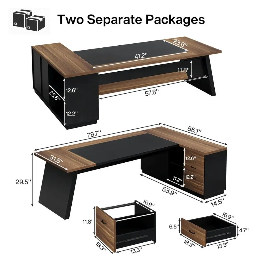 78 LShaped Executive Desk, Large Modern Office Desk with Drawers and File Cabinet, Business Furniture with Storage Shelves, Big