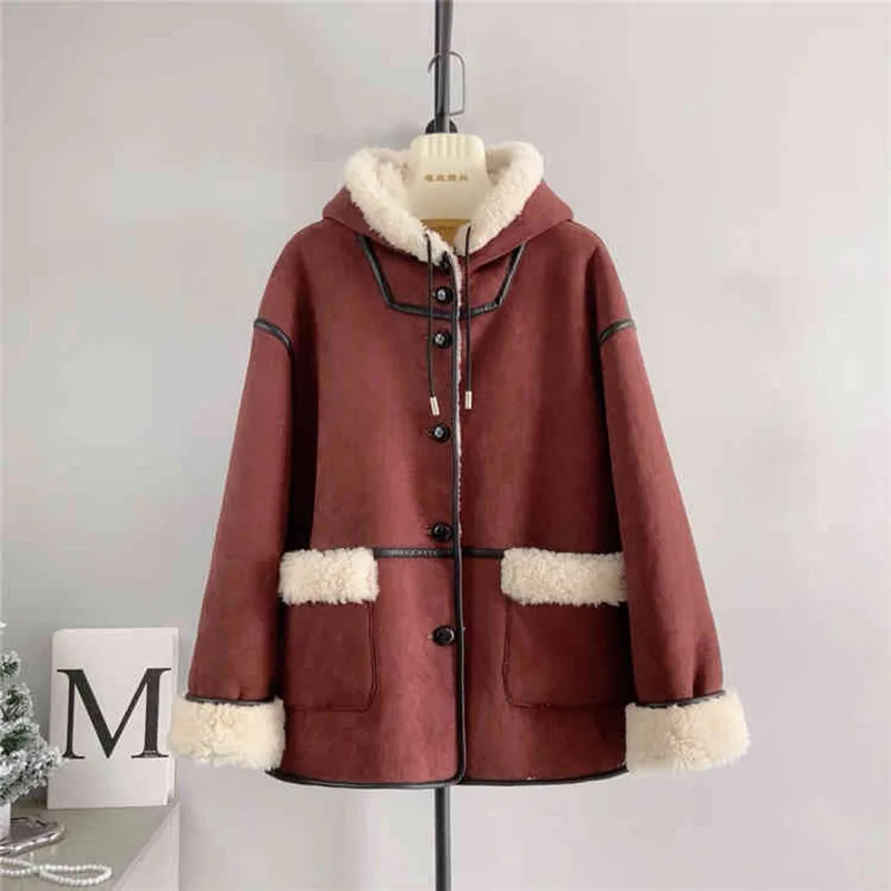 Real Wool Hooded Motocyle Coats Women Winter New Single Breasted Doubled-Faced Fur Overcoats Fashion Thick Warm Fur Jackets Tops