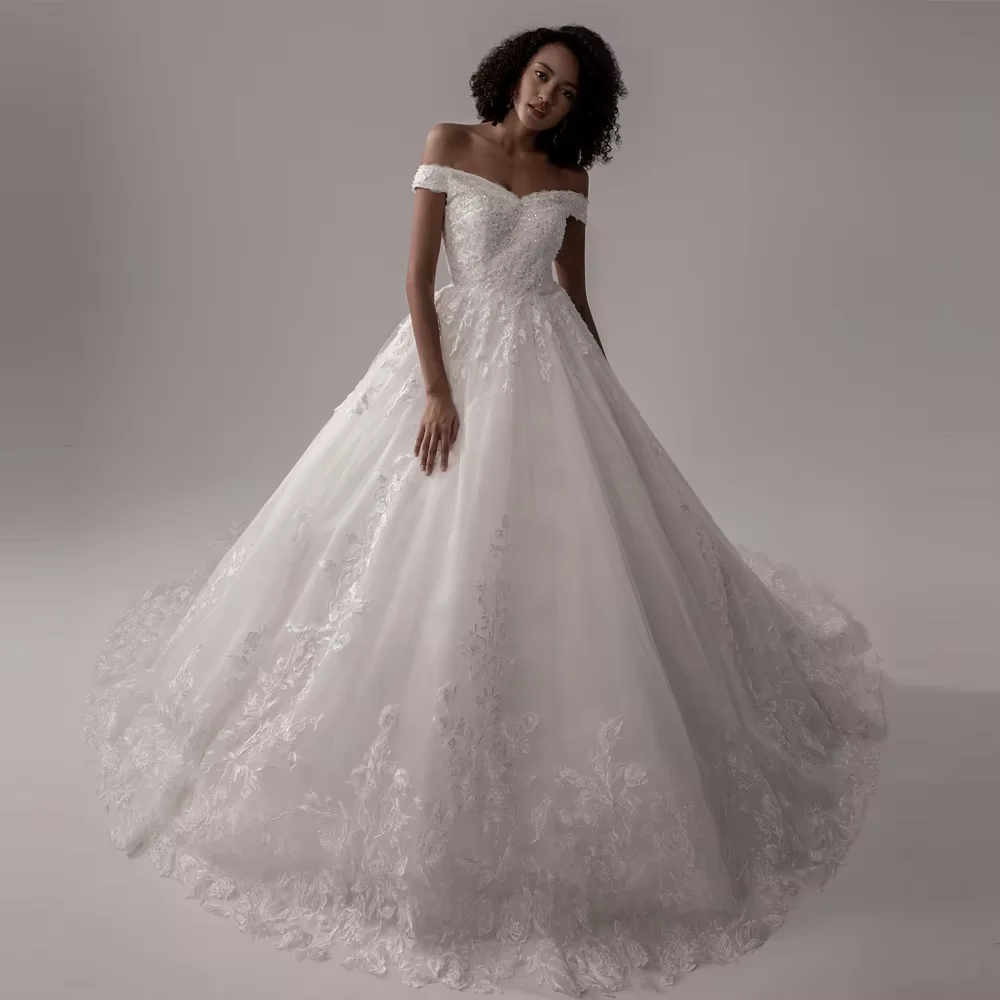 

BEPEITHY Customized Off Shoulder A Line Lace Wedding Dresses 2025 Off Shoulder Sleeveless Vintage Bride Ivory White Bridal Gown