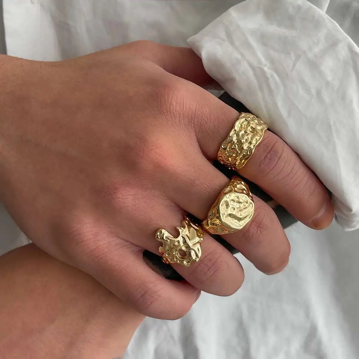 SHIXIN 3Pcs Trendy Geometric Adjustable Open Ring Set for Men Hip Hop Gold Color Wide Chunky Ring 2025 Fashion Finger Jewelry