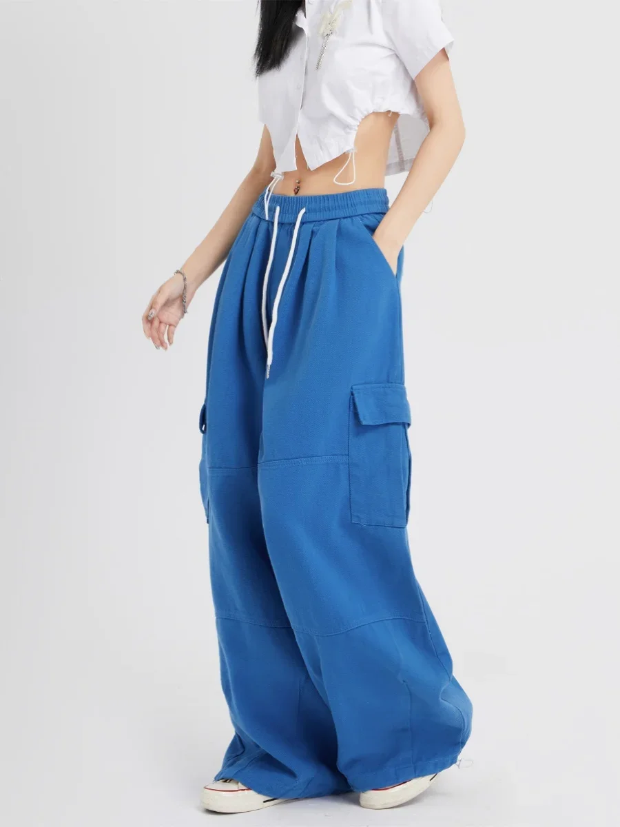 Wide Leg Pants Women Loose Elastic High Waist Drawstring Multiple Pockets Design Plus Size Aesthetic Stylish Vitality Youthful