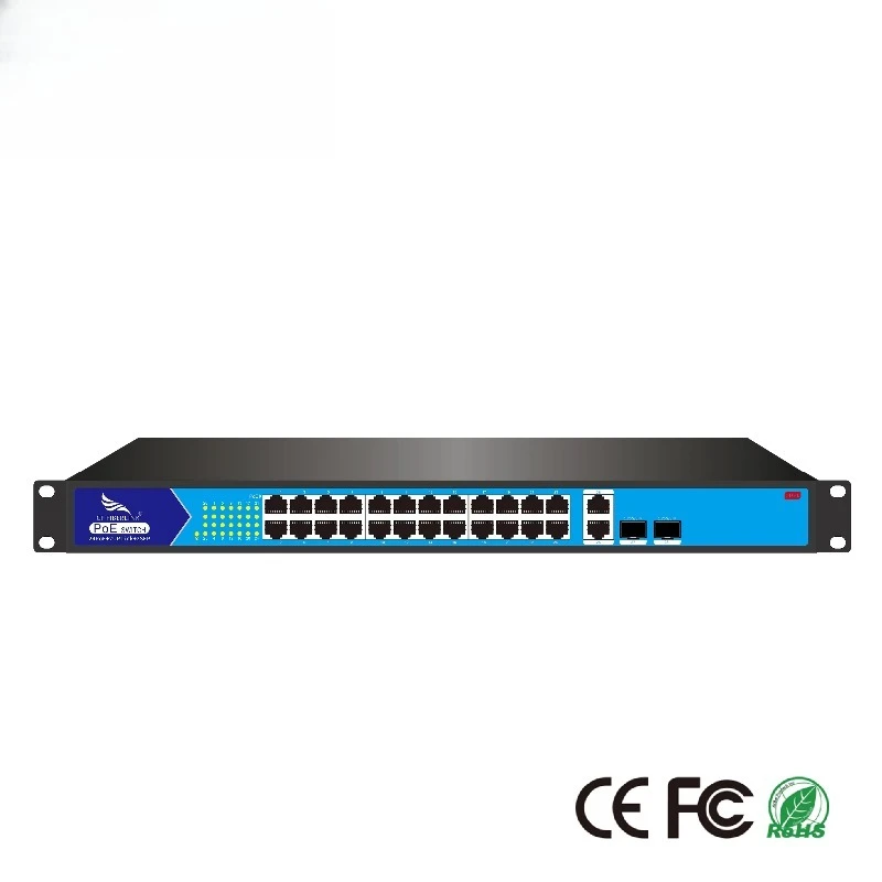 24+2+2 Gigabit 28-Port PoE Network Switch with IEEE802.3af/at 52V/7.3A 380W 30W Max Port Power QoS SNMP 56Gbps Capacity