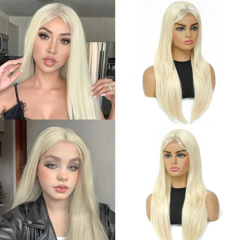 Parrucca anteriore in pizzo sintetico dritto in seta Parrucche sintetiche in pizzo per le donne Parrucca frontale in pizzo 613 Parrucca anteriore in pizzo biondo Cosplay 24 inc E