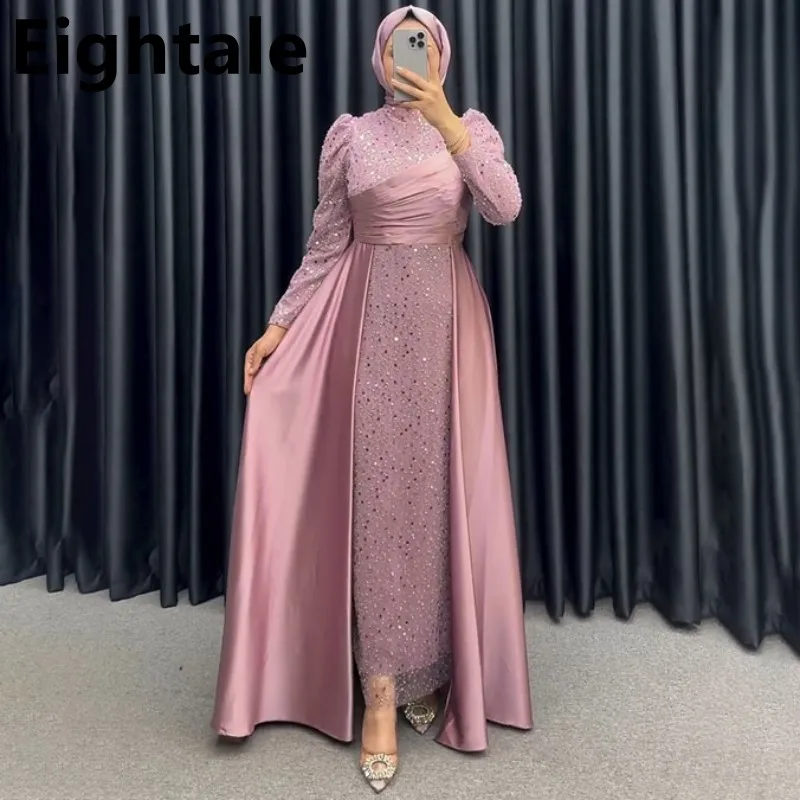 

Eightale Pink Muslim Long Sleeve Sequin Evening Dress Abiye Scalf High Neck Dubai Prom Dress Formal Party Gown Vestidos de gala