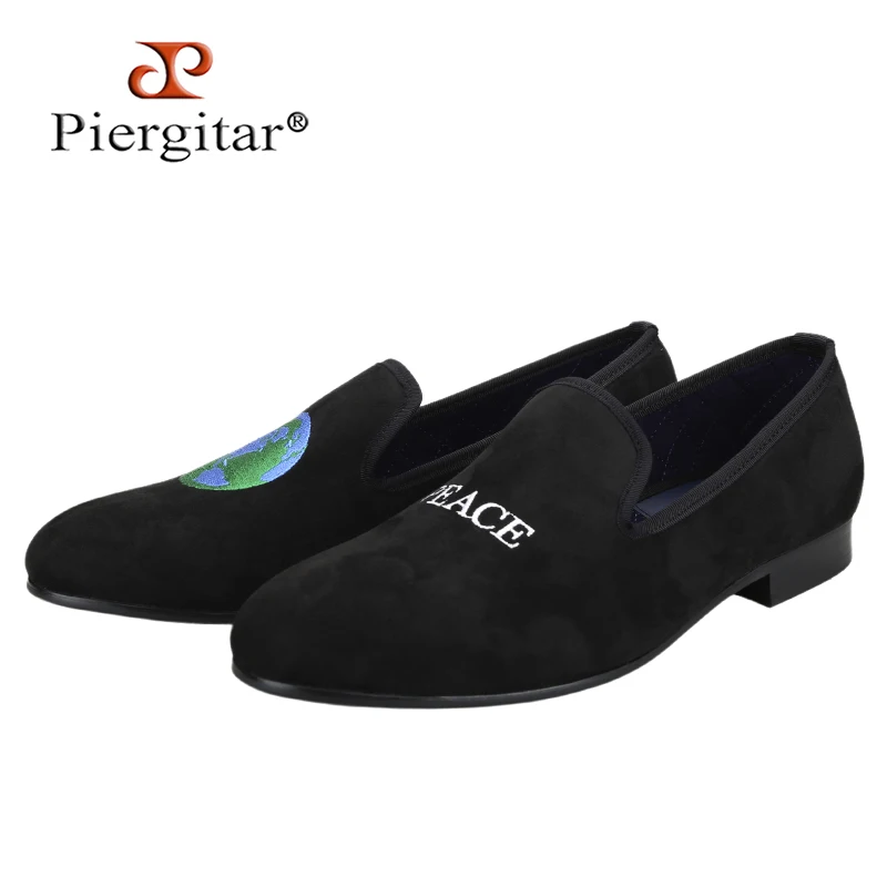 Piergitar British Classic Style Handamde “World Peace”Embroidery Men Smoking Slippers For Party Wear Black Suede Slip-On Loafers