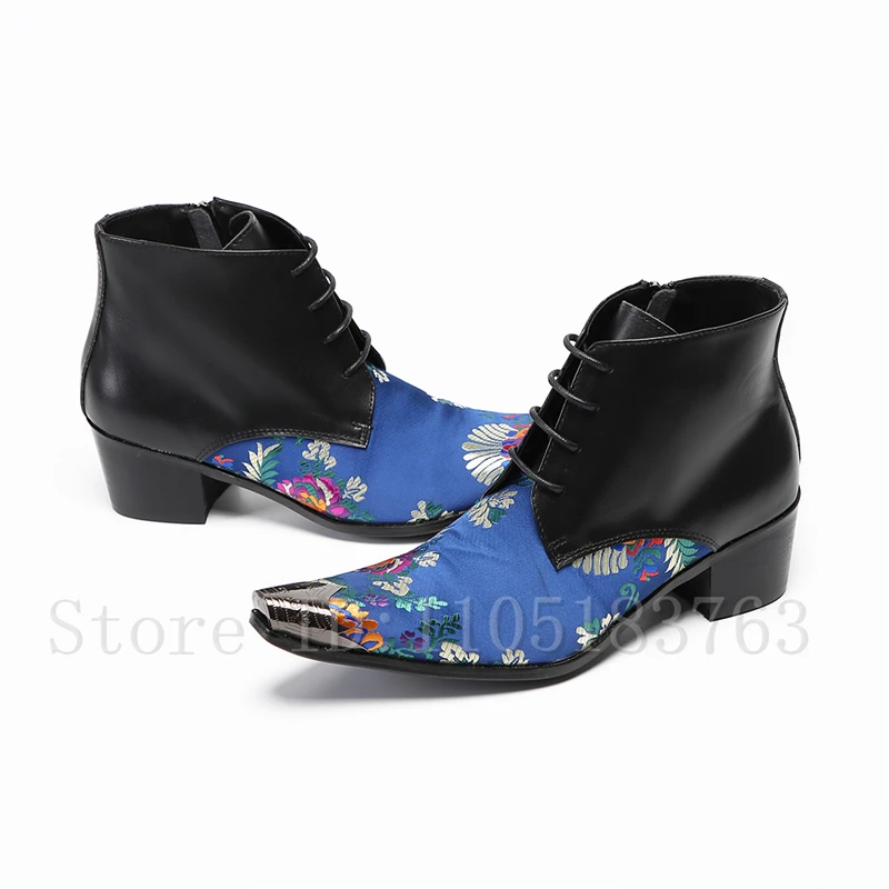 Men New Prints Patchwork Ankle Boots Luxury Design Metal Toe Thick Heels Chelsea Boots Male Business Party Social Leather Shoes