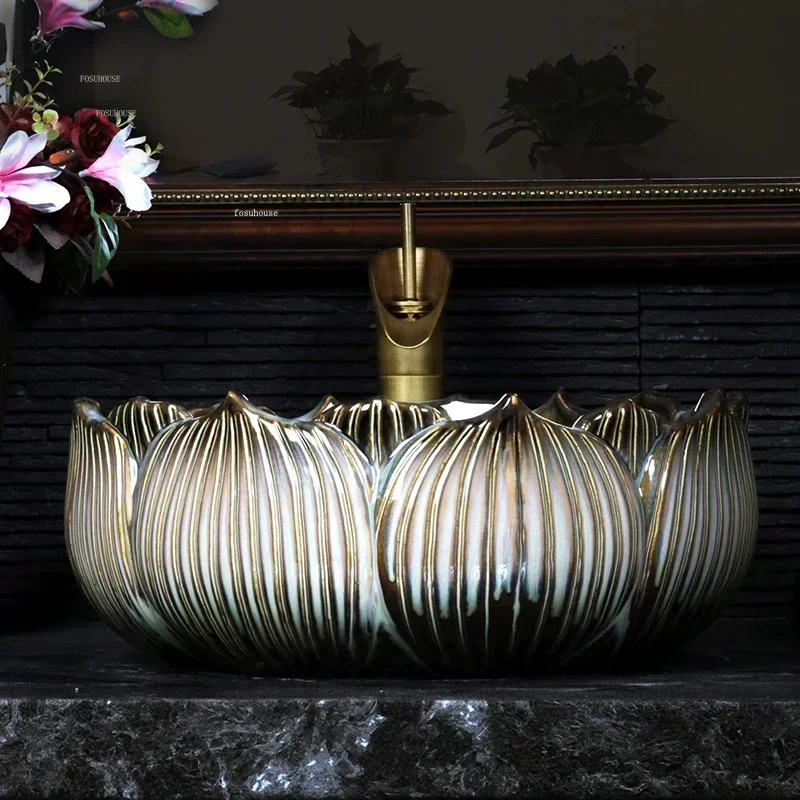 Chinese Ceramic Bathroom Sinks Art Lotus Countertop Basin Vintage Home Bathroom Washbasins Kitchen Washing Sink Overhead Sinks
