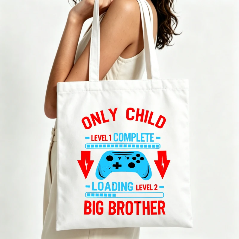 Women's video game controller and typography print canvas tote bag, casual style for daily use and shopping
