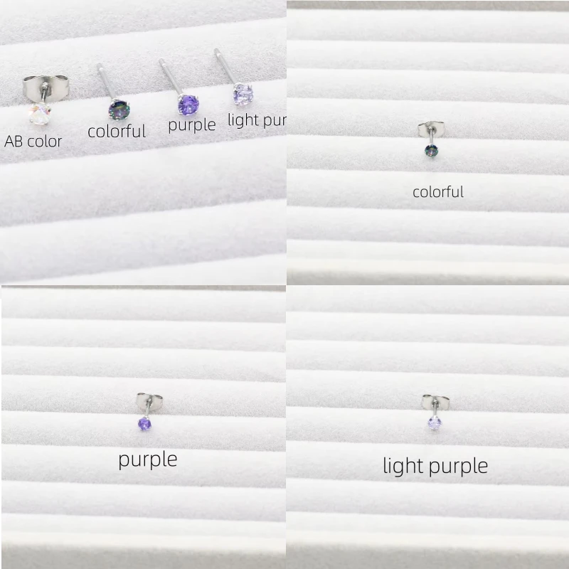 Stainless Steel Round Zircon Stud Earrings 3mm AAA Light Purple ABcolor IP Plated Allergy Free for Women And Men