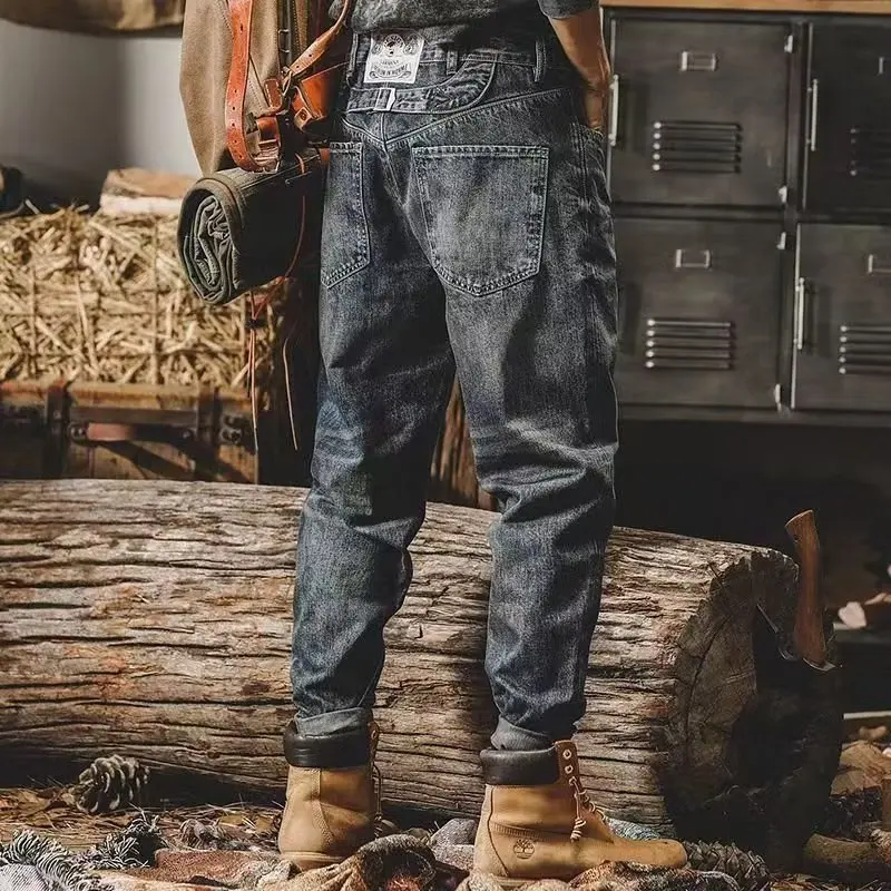 Celana Jeans Kerja Ukuran Besar Vintage Klasik Pria Model Lurus Longgar Tahan Aus Kancing Paris Musim Gugur Musim Semi Katun Denim