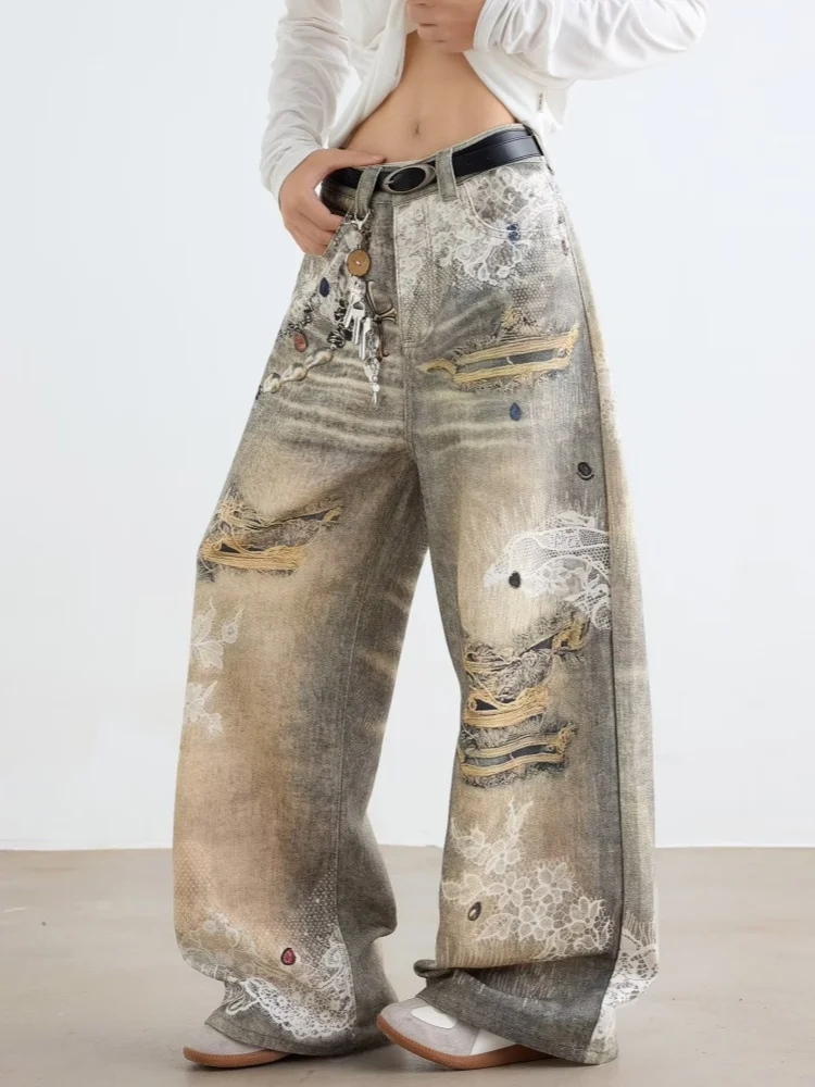 2025 سايبر Y2K الشارع الشهير ثلاثية الأبعاد مطبوعة خمر الأزرق فضفاض الجينز السراويل للرجال الملابس واسعة الساق القوطية موضة جديدة سراويل جينز #4