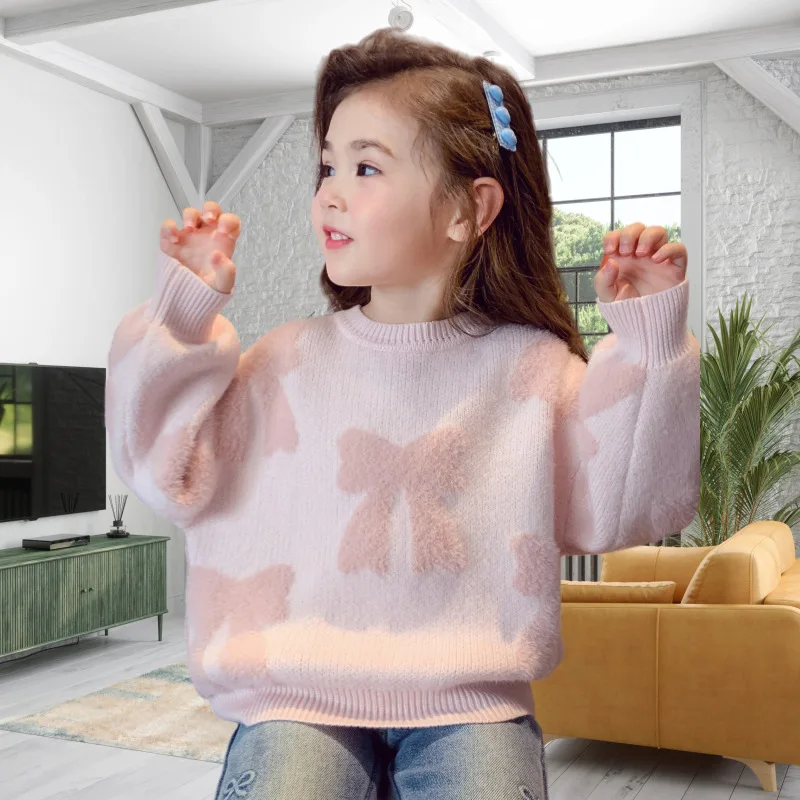 Girls sweater winter clothing 2026 new childrens Korean version imitation mink fur bow knit top long sleeved woolen sweater 2-14