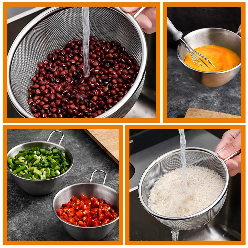 

1 set Egg Beating Pot with Handle Stainless Steel Fine Mesh Strainer Rice Washing Bowl Drainage Basin Fast Draining