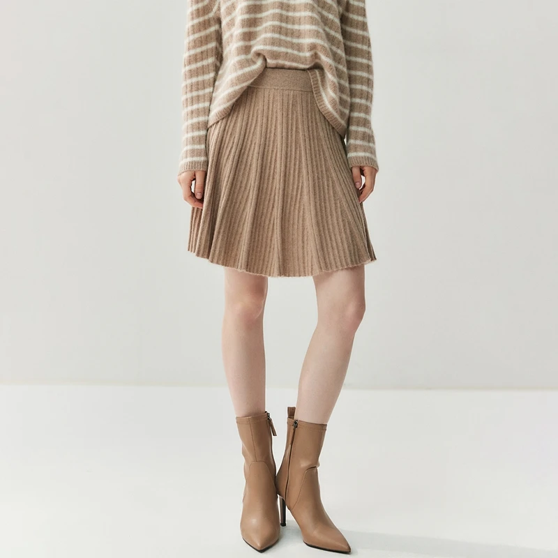 Luxury Women's 100% Cashmere Pleated Short Skirt Spring Autumn Winter Wear Lady's Preppy Style Pleated Skirt Cashmere Knitted C