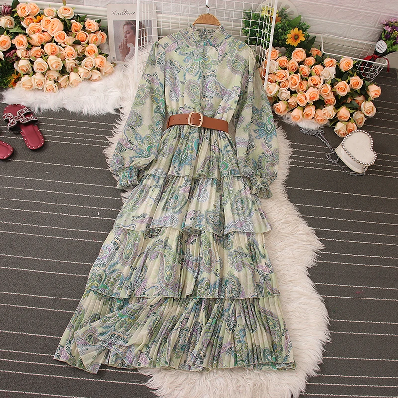 

Воротник-стойка с принтом, костюмы с длинными рукавами, уличная одежда трапециевидной формы, платье, винтажный халат, женская одежда, большие качели, женские платья