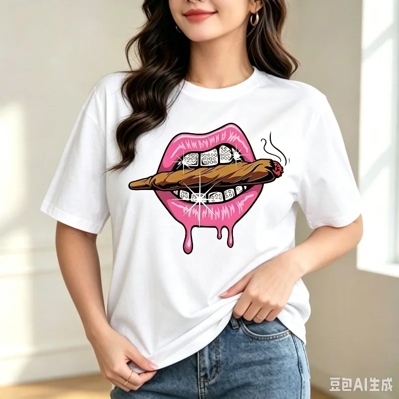 Pink Lips Cigar T Shirt Women Diamond Teeth Modal Tee Casual Short Sleeve Tops Streetwear Female Gift for Her