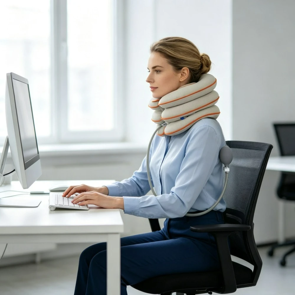 Manual Pump Inflatable Cervical Traction Brace Durable Wear Resistant Fabric Adult Neck Support Collar for Office Desk Worker