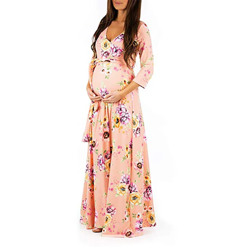 

Women Summer Casual Maternity Dresses Clothes 2022 New Long Sleeve Knee Length Pregnancy Flower Dress Session Pleated Dresses