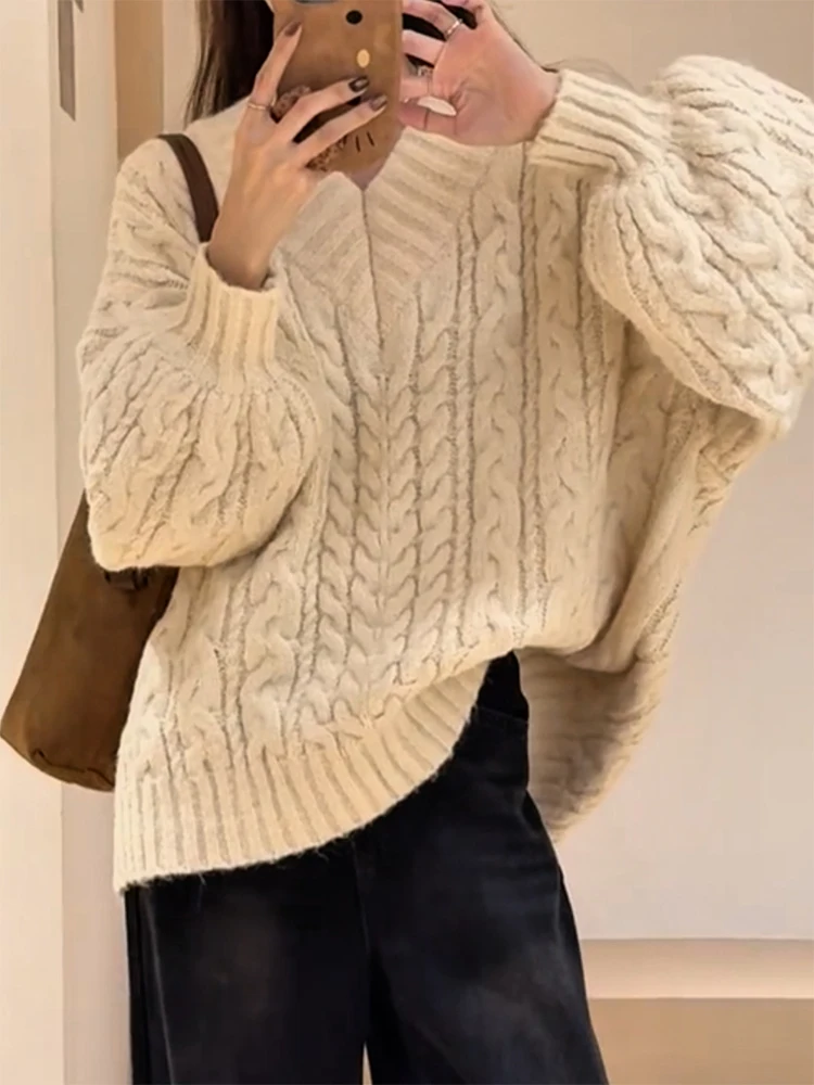 

Корейский свитер с V-образным вырезом и узором в стиле кэжуал для женщин больших размеров, осенне-зимняя новинка, теплый, из плоской вязки, повседневный топ