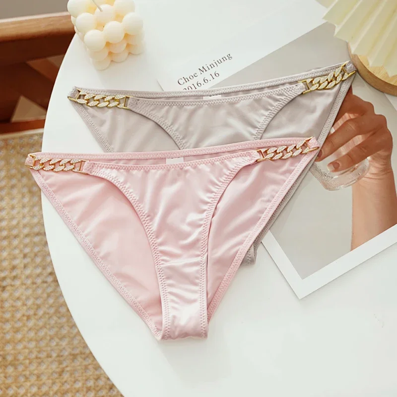 Cinoon francês cetim lingerie sexy para mulheres diamante incrustado corrente de metal calcinha de cintura baixa nova sem costura triângulo cuecas