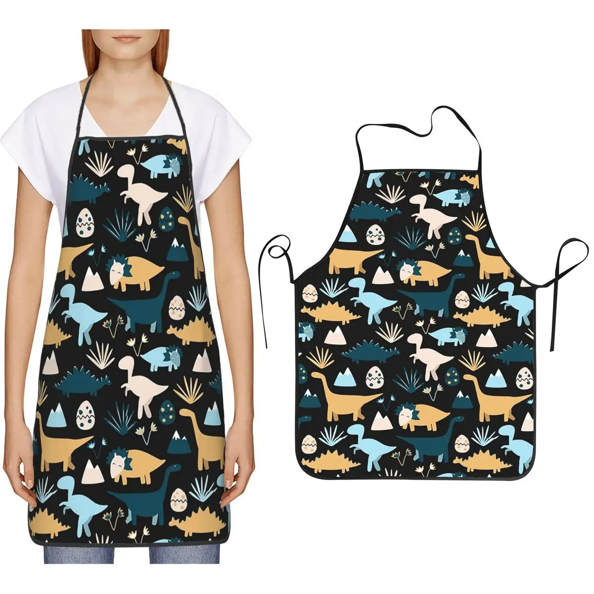 Colorful Cute Little Dinosaur Dino Apron Chef Cooking Cuisine Tablier Bib Kitchen Cleaning Pinafore for Women Men Painting