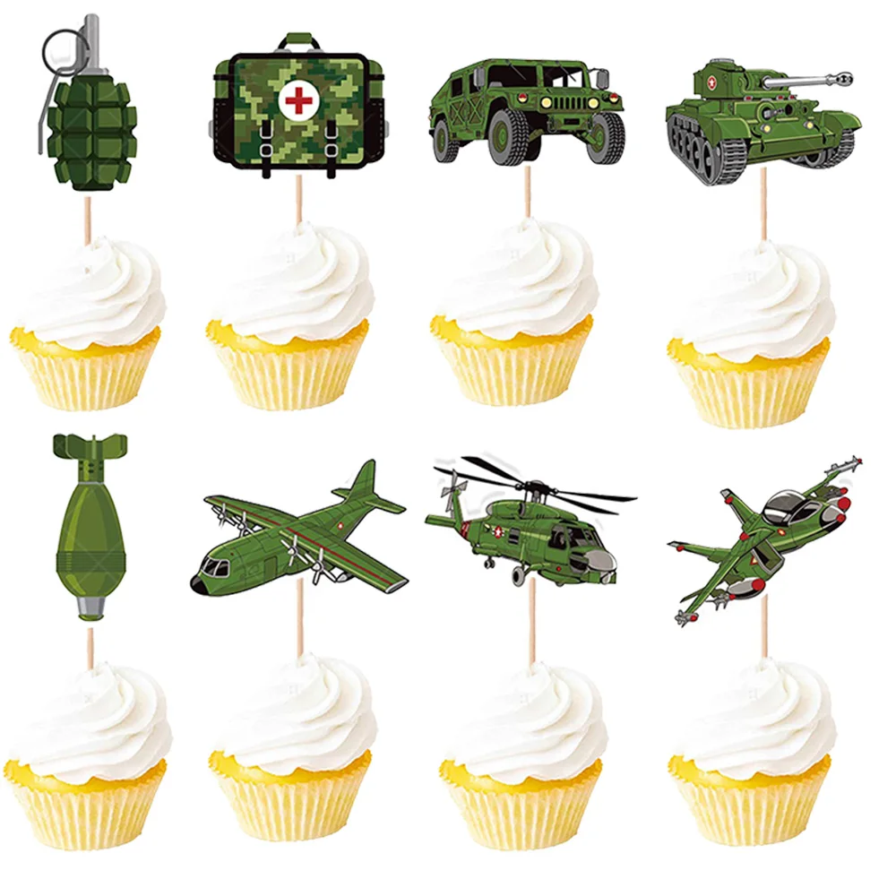 24 Stuks Camo Glitter Leger Soldaat Militair Dessert Cupcake Topper Tank Truck Thema Baby Shower Man Jongen Verjaardagsfeestje Decoraties