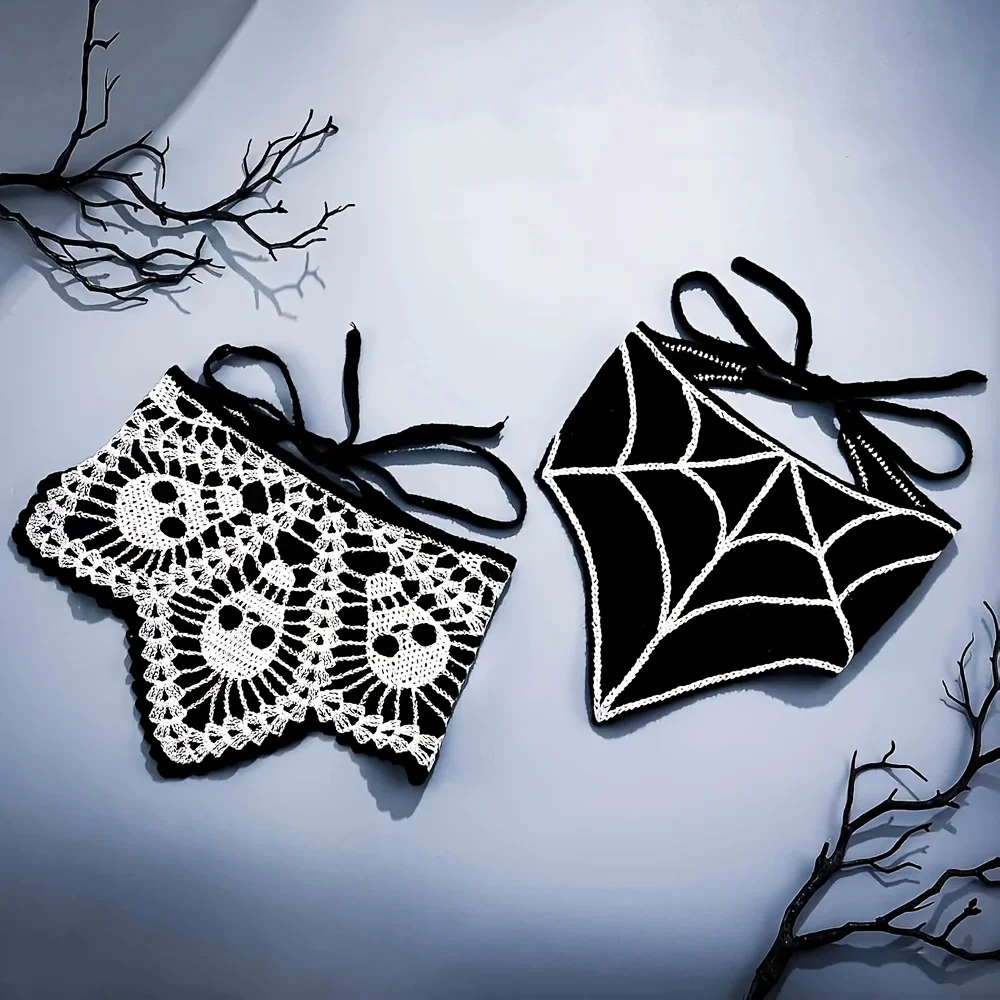 Halloween Gestricktes Häkel-Stirnband Skelett Geist Fledermaus Spinnennetz Foto Dreieckstuch Trendiges Damen-Kostüm-Accessoire – Detail 10