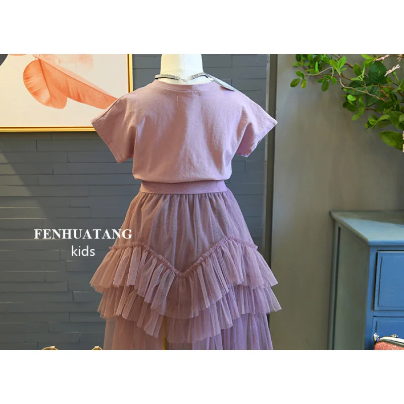 Girls' Letter Short Sleeve SetTShirt with Mesh Skirt25Summer New Fashion Foreign Trade Children's Clothing Wholesale3-8Years Old