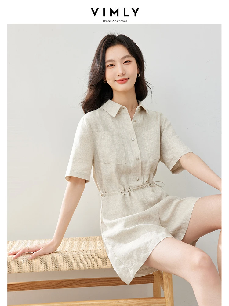 VIMLY Women\'s Casual Commuter Linen Short Playsuit 2024 Summer Cooling  Loose Romper Mid Waist Office Lady Tops Jumpsuit M7078