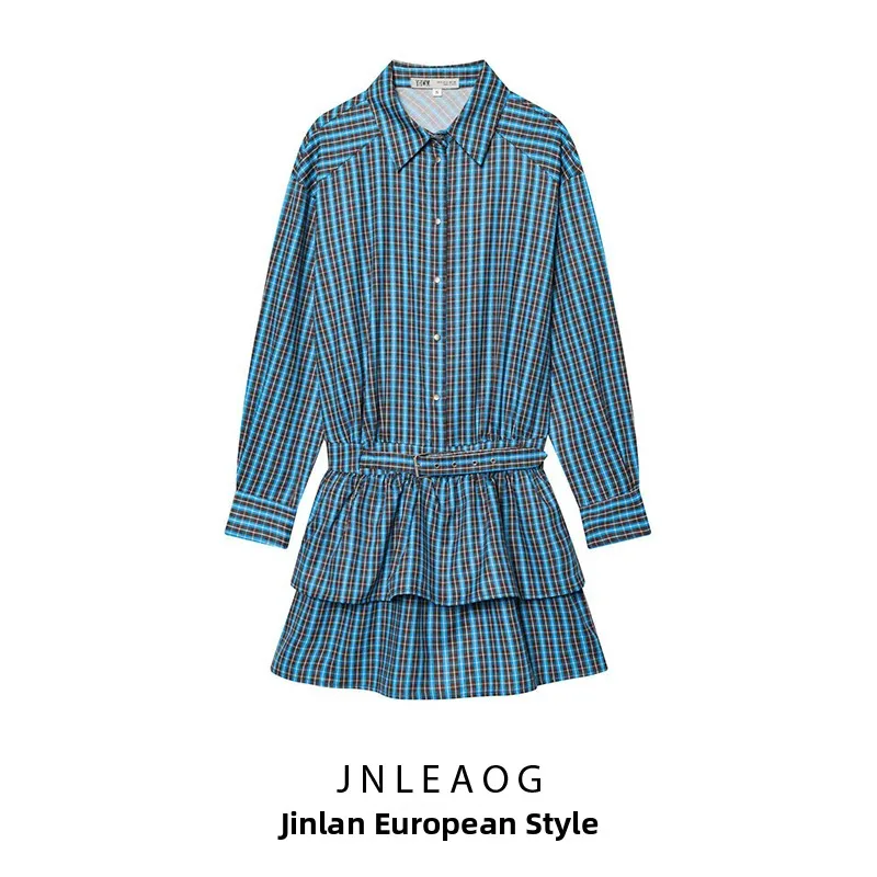

Новинка весенней коллекции: женское короткое платье в клетку с поясом, многослойный фасон, модное, повседневное, для города, подходит для поездок на работу, юбка А-силуэта