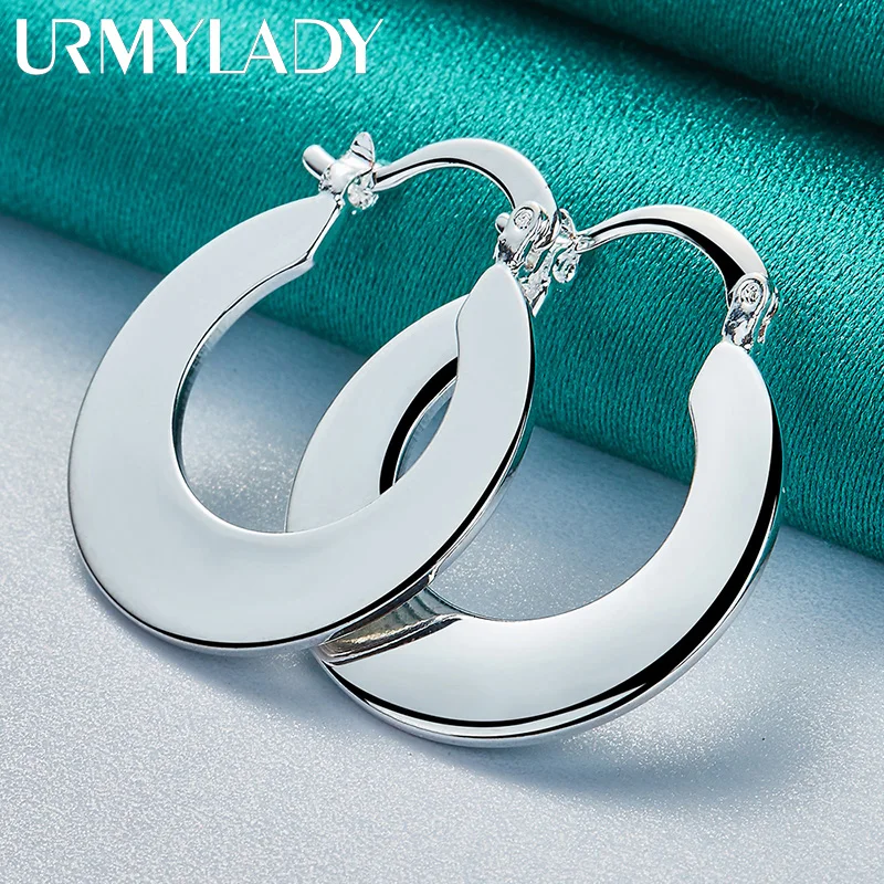 URMYLADY 925 Sterling Silver Smooth Flat Round Earrings For Women Wedding Party Fashion Charm Jewelry