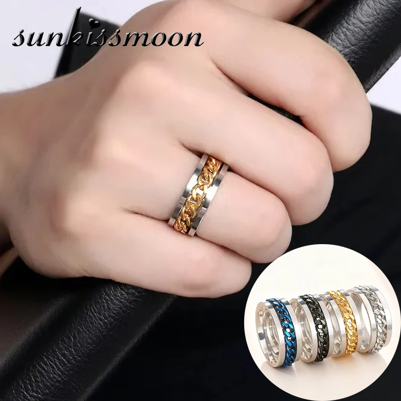 Sunkissmoon Stainless Steel Rotatable Ring For Men Women Stainless Steel 5-Colors Punk Spinning Rings Fashion Jewelry Party Gift