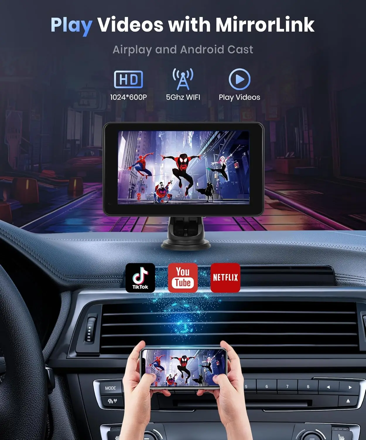 7-дюймовый беспроводной экран CarPlay, HD IPS Touch, Android Auto, Bluetooth 2.0, MirrorLink, GPS, голосовое управление, AUX, FM-передача