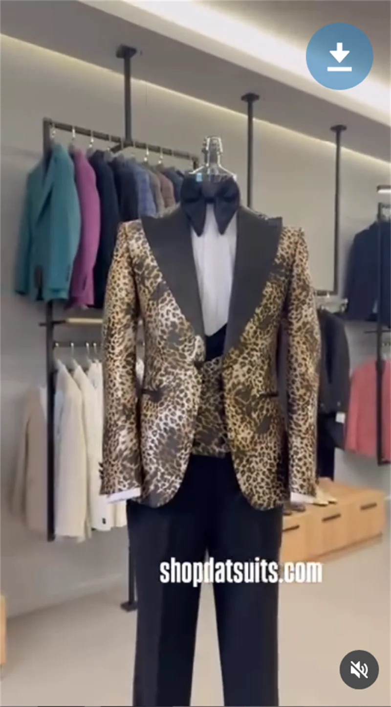 Leopard Print Men Suit Set 3 Pcs Blazer+Vest+Pants Trousers Cotton Formal Office Coat Wedding Tuxedo Customized Jacket Outfit