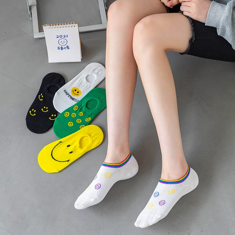 5 Pairs Women Socks Korea Funny Harajuku Expression Boat Socks Female Cartoon Socks Girls Non-slip Breathable Invisible Socks