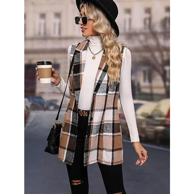 2025年春 エレガントスタイル 多用途 ノースリーブ シングルブレスト レディース チェック柄ベスト