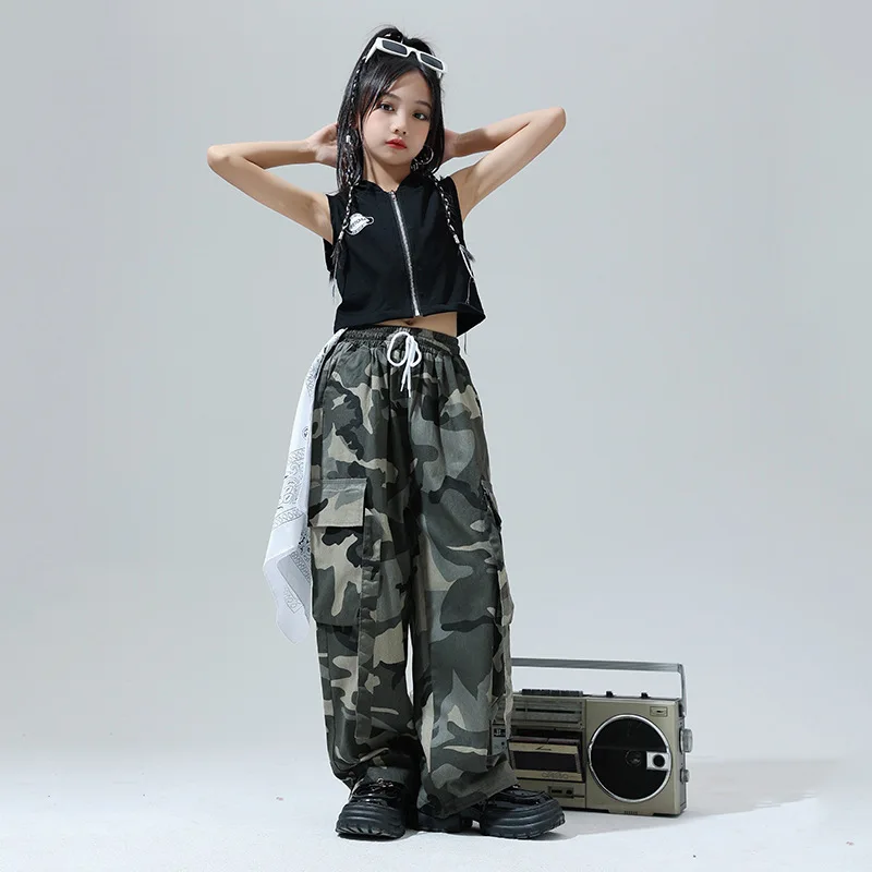 Girls Hip Hop Sets Crop Tank Hoodies Camouflage Cargo Pants Children Street Dance Kids Streetwear Jazz Hooded Clothes