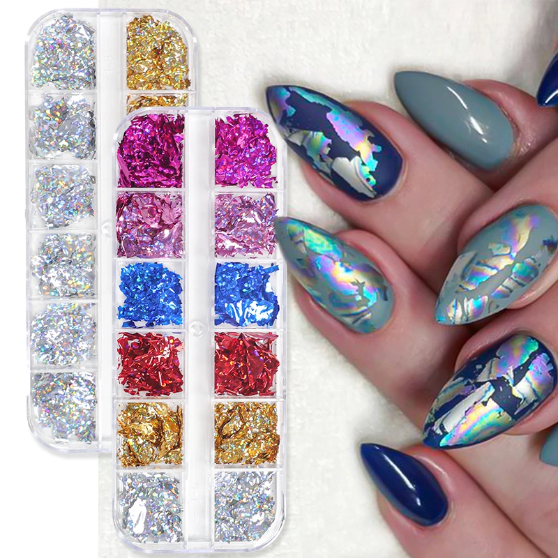 12 Grids Nail Art Glitter Flakes Laser Gold Silver Irregular Aluminum Foil Paper Sequins Nails Sticker Manicure Professionals