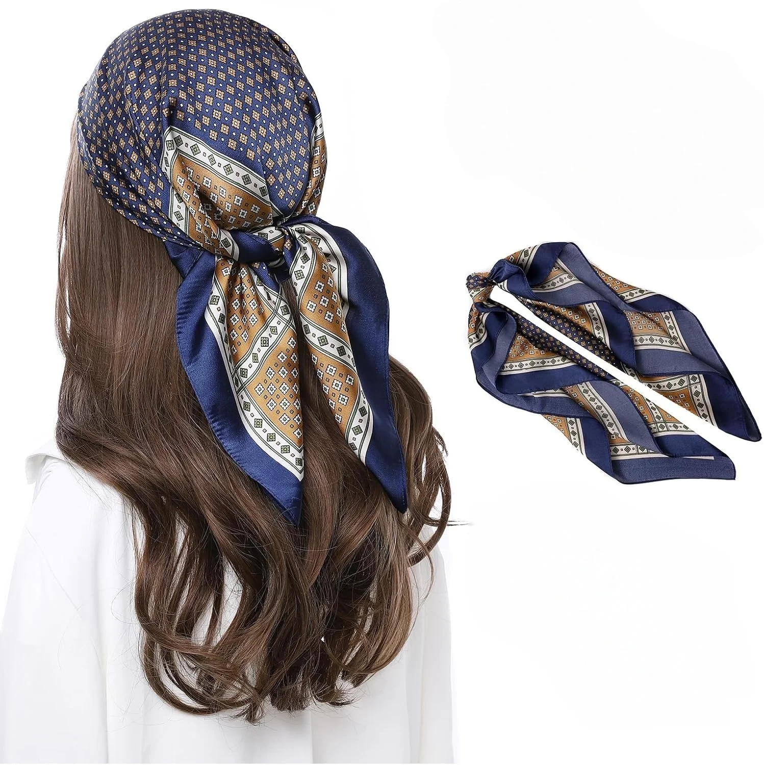 

27" Silky Satin Square Head Scarf Navy Block Pattern, Smooth Bandana for Men Women, All-Season Wrap for Beach Party