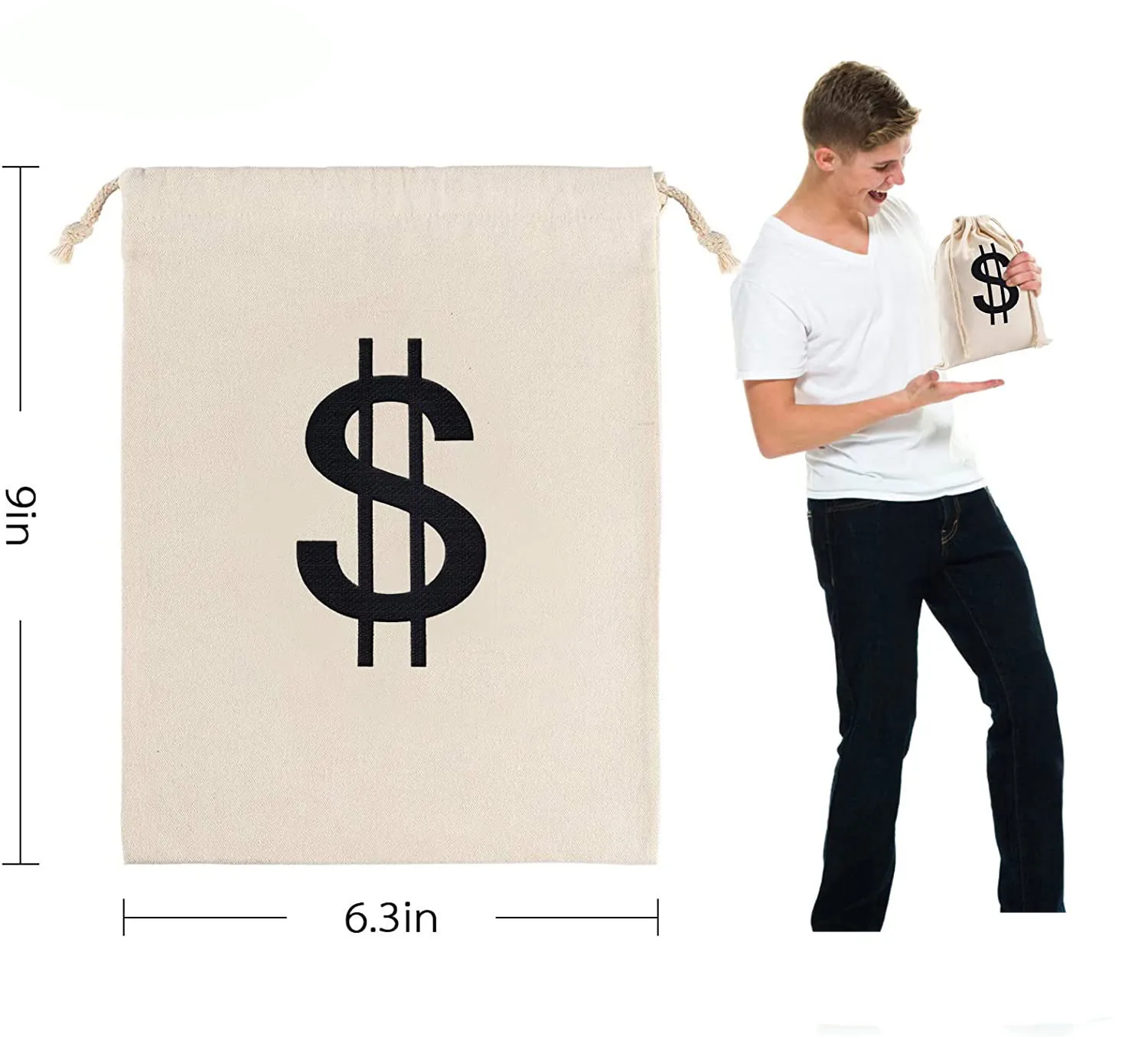 Canvas Money Bags for Party, Costume Money Bag Prop with Dollar Sign, 6.3 x 9 Inches Money Sacks for Halloween Bank Robber Pirat