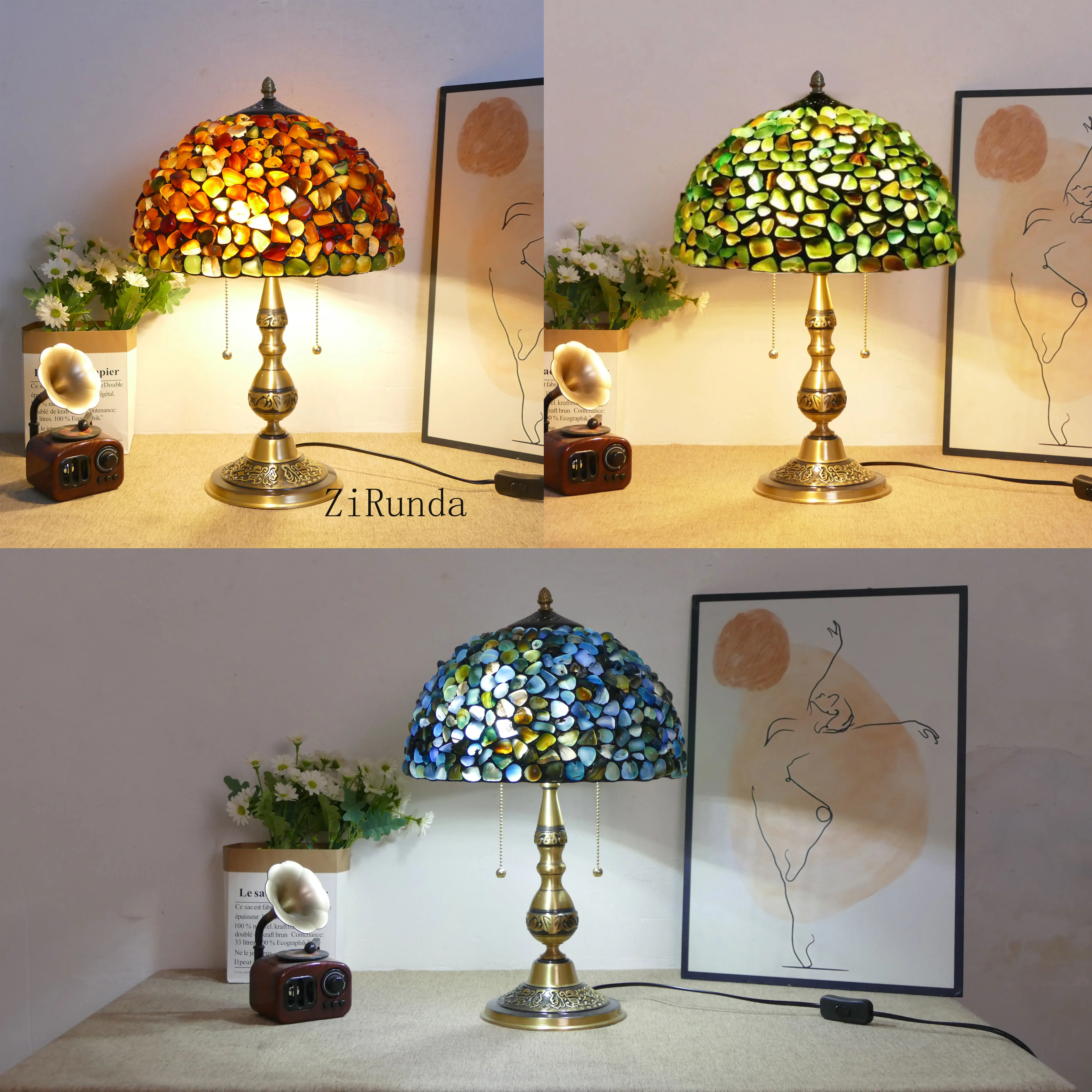 All copper base colored stone grain 12 inch wide lampshade living room study bedroom bedside decorative table lamp
