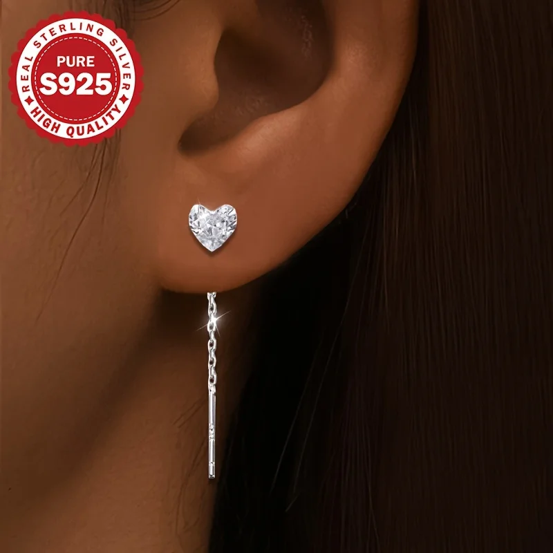 

S925 Sterling Silver Heart Dangle Earrings with Sparkling Zirconia Perfect for Women Daily Wear Elegant Hypoallergenic Earrings