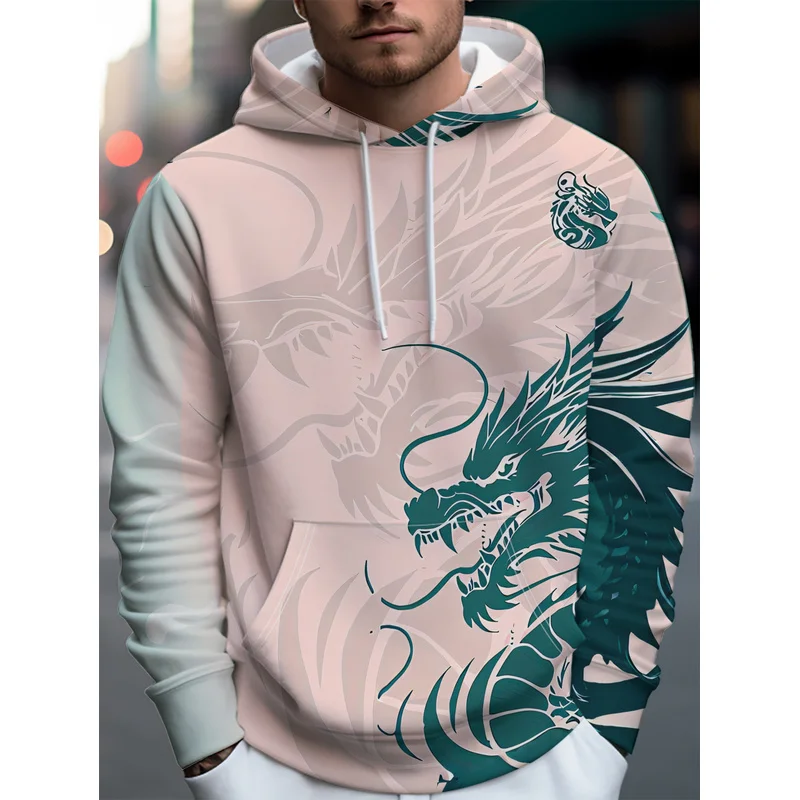 Men's Hooded Sweatshirt with a majestic and imposing design of a green dragon amidst auspicious clouds, printed casual hoodie
