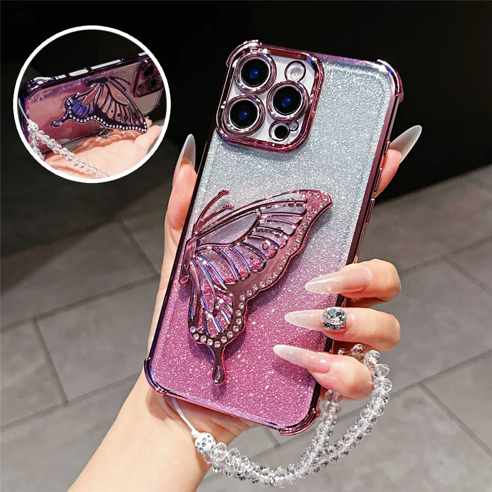 Redmi Note 14 Pro 5G Shockproof Glitter Butterfly Holder Stand