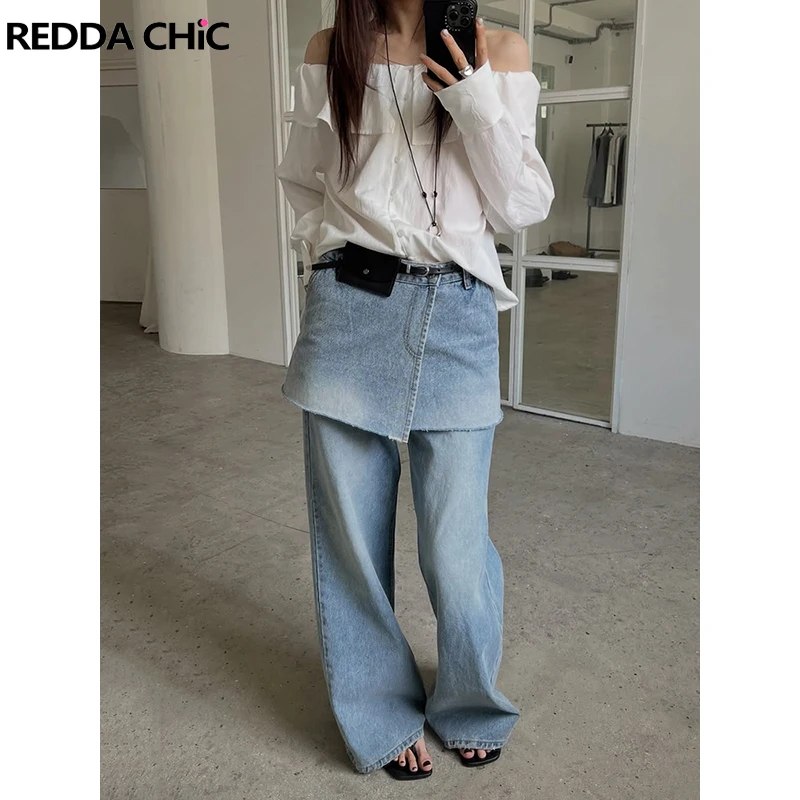 REDDACHiC Fake Two-piece Baggy Jeans for Women Do Old Korean Raw Edge Skirt Overlay Denim Pants Going Out Retro Everyday Wear