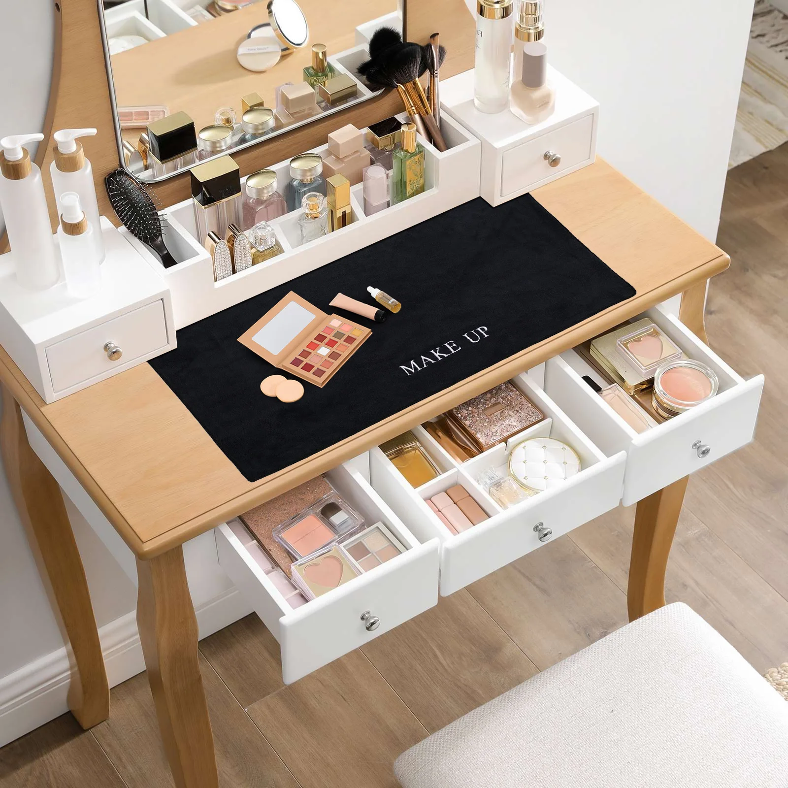 

Black Makeup Mat Vanity Desk Tabletop Cushion Bedroom Bathroom Workbench Non Slip Easy Clean Cloth Material Multi functional