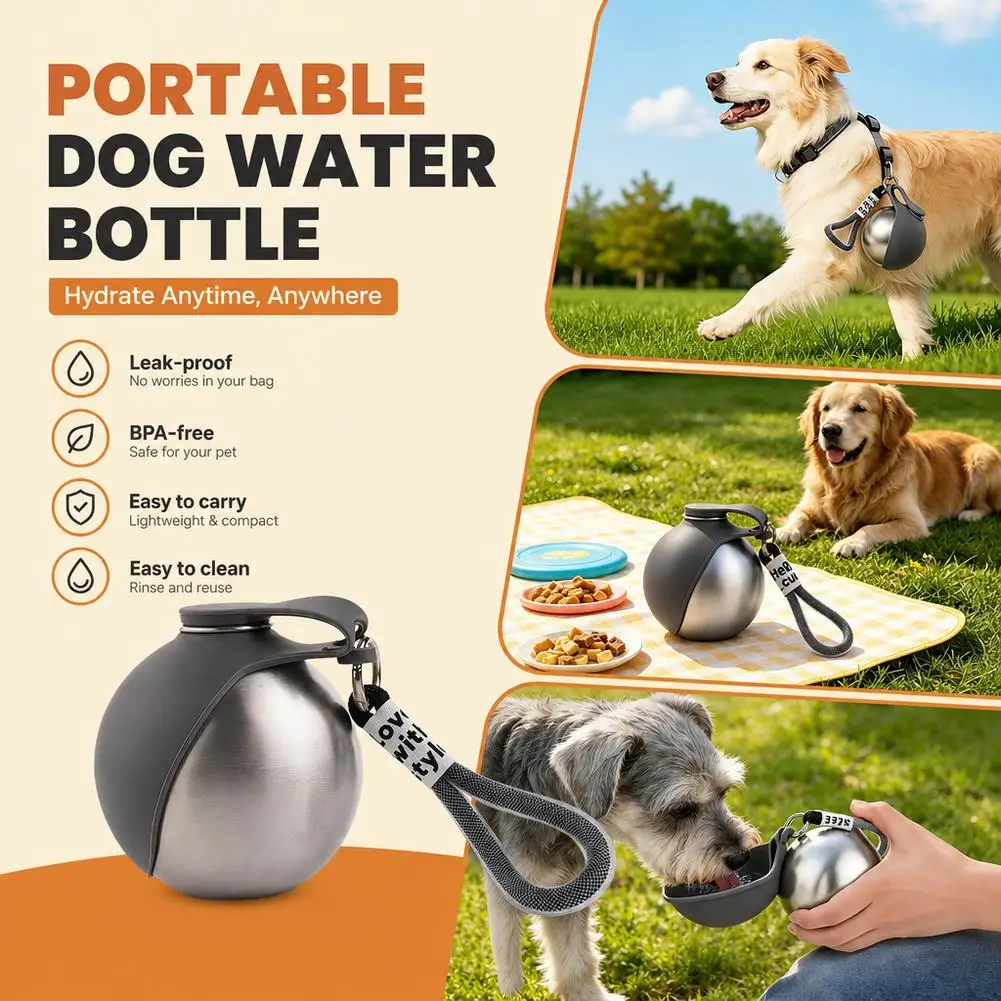 304 Edelstahl Haustier-Trinkflasche, runde Outdoor-Wasserflasche für Katzen und Hunde, tragbarer, faltbarer Wasserspender mit Hängeseil – Detail 4