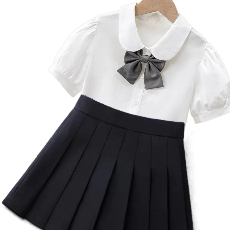 White Cute Uniform Shirts for Big Girls Short Puff Sleeves School Uniform Blouse Princess Turn-Down Collar Bowknot Button Tops