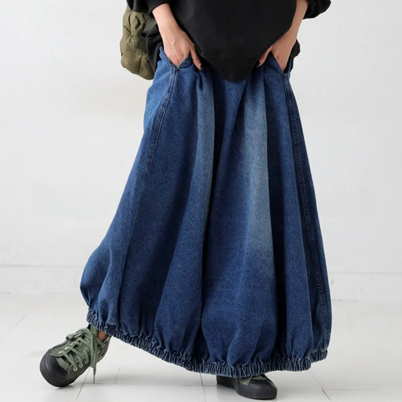 

Очаровательная юбка из воздушного шара, классическая джинсовая свободная длинная широкая хлопковая повседневная юбка трапециевидной формы для девочек-подростков