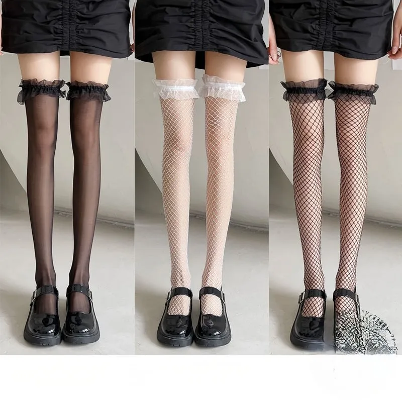 New Sexy Stockings Black Lace Hollow Stockings Women's Thin Lolita Mesh Socks Black and White Lace Knee Socks Black